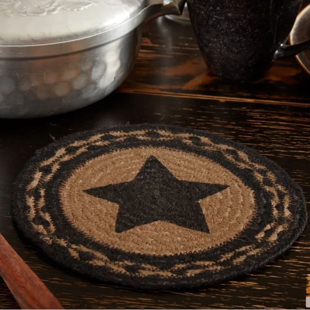 Primitive Black Star Jute Braided 8 Inch Table Trivet Farmhouse Country